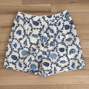 NWOT Saloni Shell Print Tailored Linen Shorts, white/blue, US 0 (UK 4)